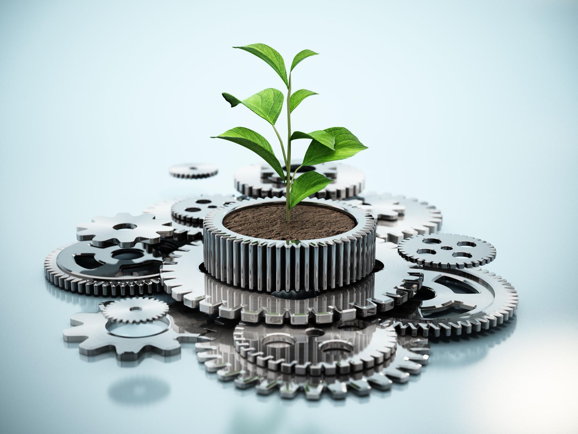 Plant growing inside the flower pot shaped cogwheel in motion. Sustainable industrial growth concept.