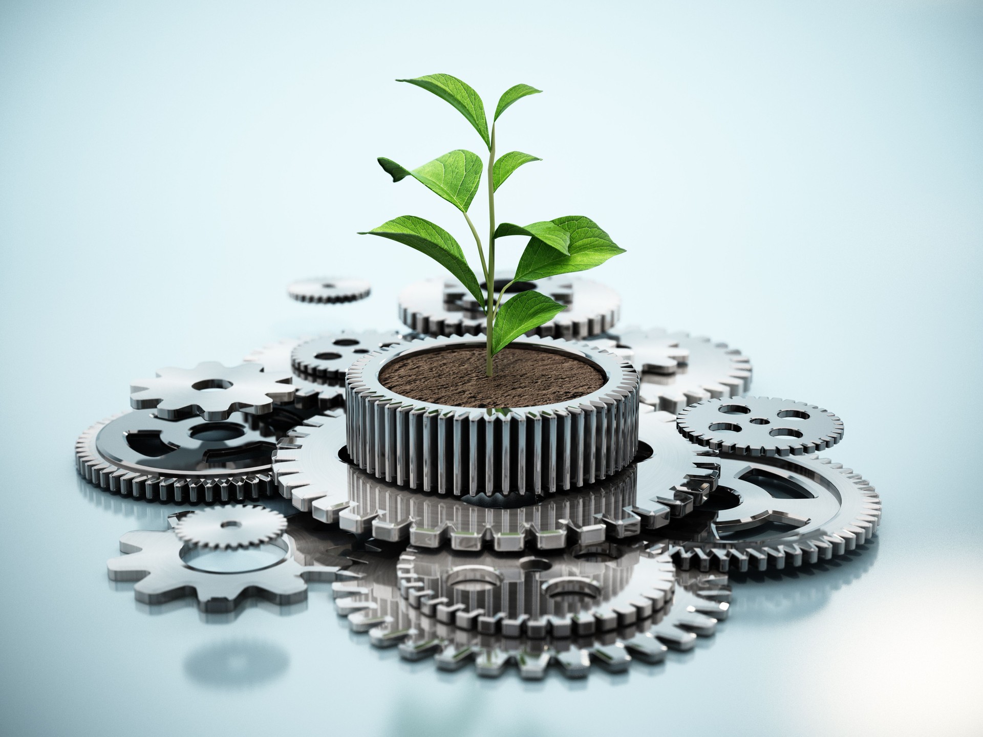 Plant growing inside the flower pot shaped cogwheel in motion. Sustainable industrial growth concept.